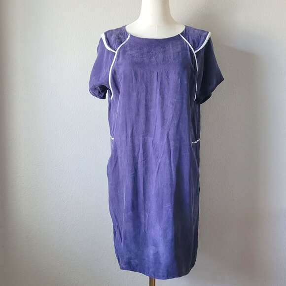 Vintage Purple Shift Dress with Pockets & White Piping – Minimalist Retro Style - Picture 1 of 4